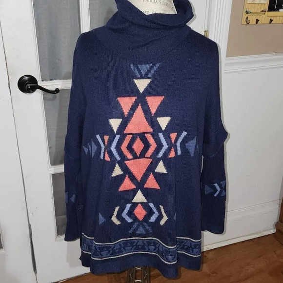 J Jill Womens Navy Blue Aztec Southwestern Cowl Neck Sweater Small Petite - Picture 1 of 4